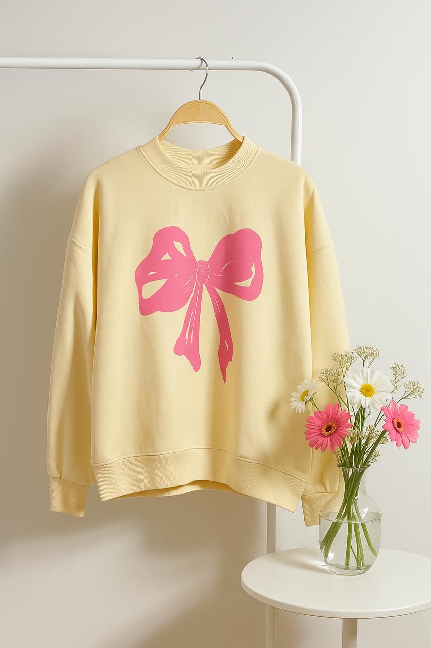 Over Sized Sweatshirt Crop Length Beige Color with Pink Color Bow HD Print