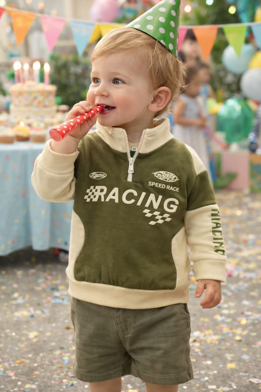 Olive Green with Beige Color Sweatshirt with Zipper and Hineck