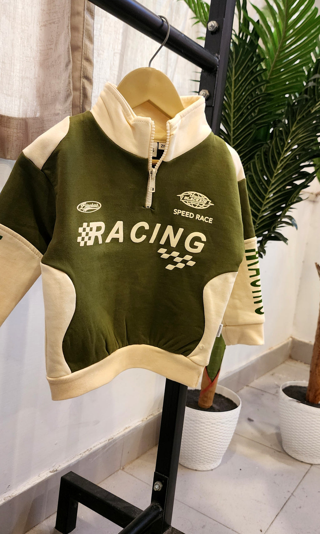 Olive Green with Beige Color Sweatshirt with Zipper and Hineck